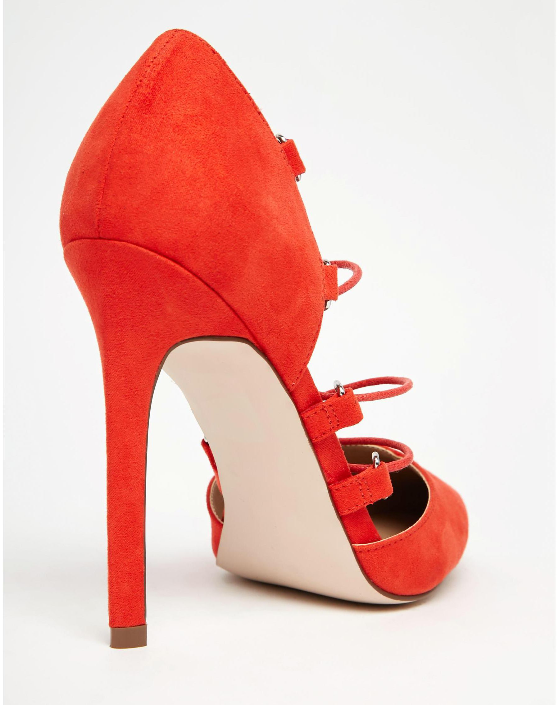 red lace up knee high heels